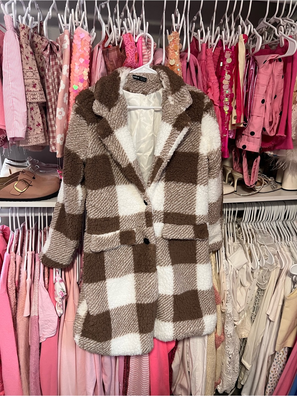 NWOT-Brown & White Plaid Faux-Shearling Coat - Women
